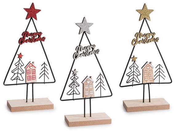 Sapin de Noël en métal et bois avec paysage et paillettes