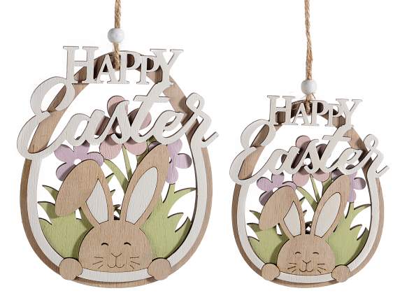 Lot de 2 oeufs en bois avec lapin et Joyeuses Pâques