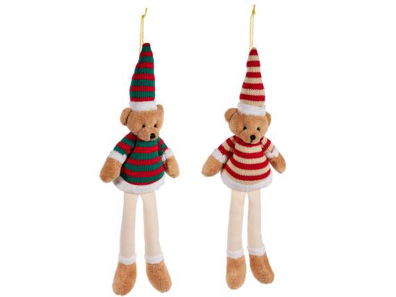 Long legged teddy bear with striped sweater to hang