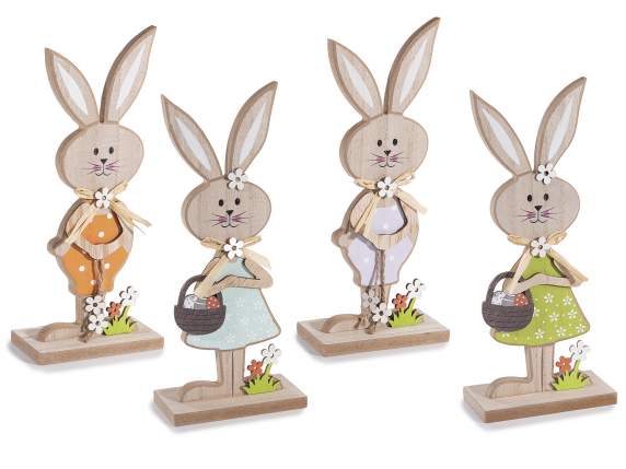 Lapin en bois coloré à poser avec noeud en raphia