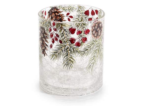 Bougeoir - vase en verre craquelé avec décors en pin