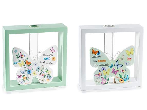 Tableau avec papillon en bois décoré et éprouvette en verre