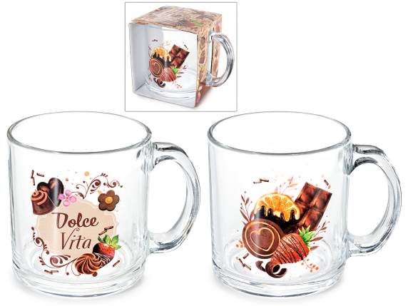 Taza de cristal de 350 ml con asa y decoración de dulces.