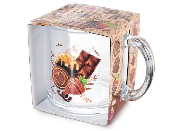 Taza de cristal de 350 ml con asa y decoración de dulces.