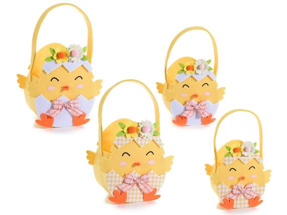 Set of 2 handbags in chick-colored cloth with floral decorat