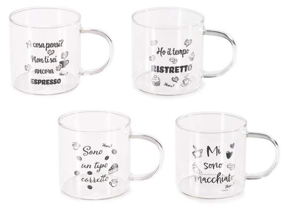 Tasse à café en verre de 200 ml avec anse et inscription