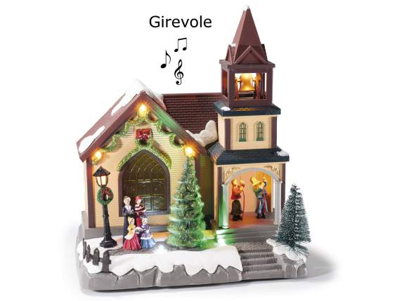 Église de Noël en résine avec lumières, musique et mouvement