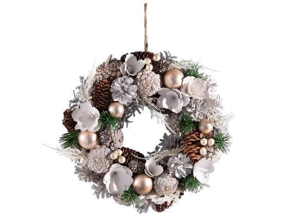 Ghirlandă de conuri de pin înzăpezite și bile de aur de agăț