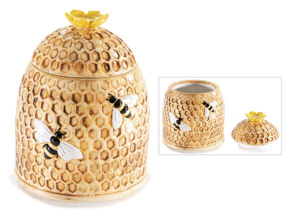 Borcan alimentar din ceramica tip fagure cu albine in relief