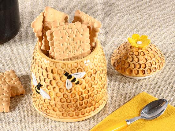 Borcan alimentar din ceramica tip fagure cu albine in relief