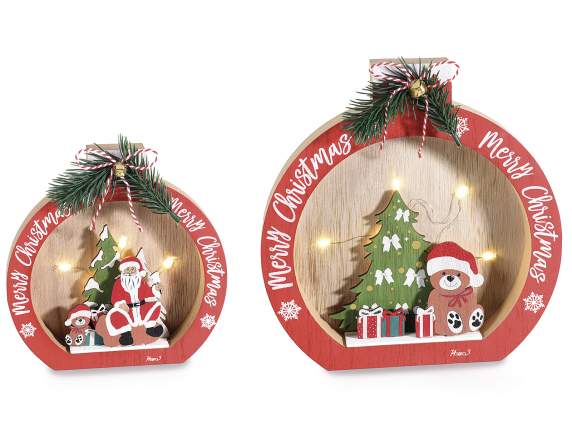 Set de 2 bile din lemn sculptat, pin, arc i lumini LED