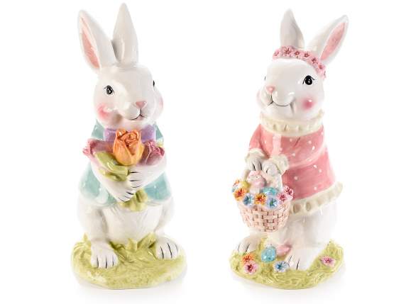 Iepuraș ceramic colorat cu flori și ouă