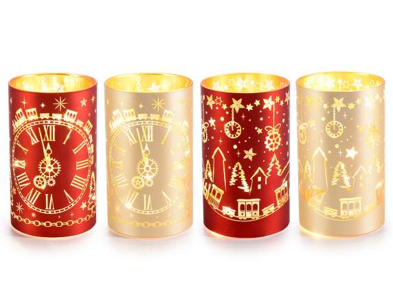 Lampa cilindrica de sticla de Craciun decorata cu lumini LED
