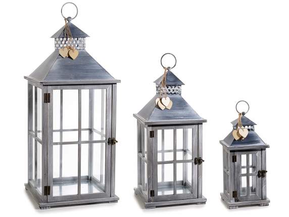 Set de 3 felinare din lemn periat cu inimioare si acoperis m