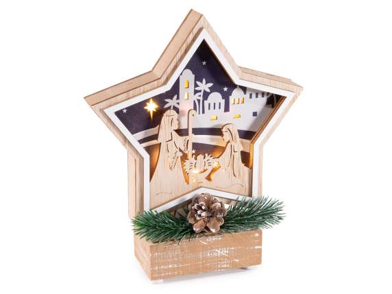 Natere cu stea din lemn cu sculpturi, lumini LED