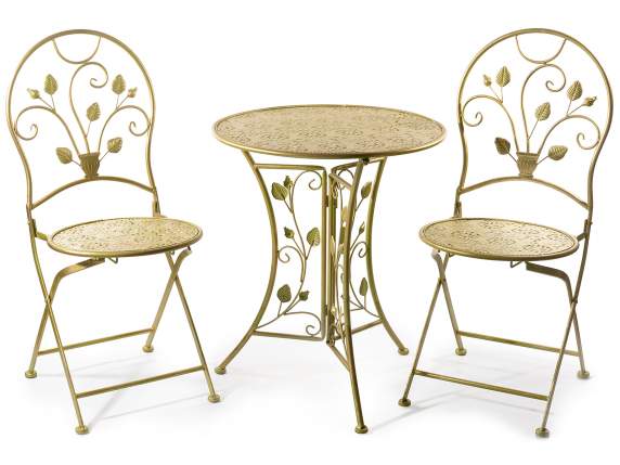 Set masa si 2 scaune gradina metal prelucrat verde-auriu