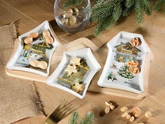 Set aperitiv din lemn i porelan cu 3 boluri