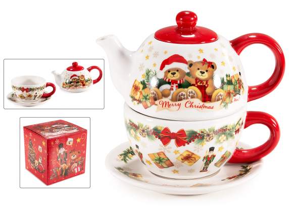 Set ceainic din ceramica cu farfurie, cu decoratiuni Craciun