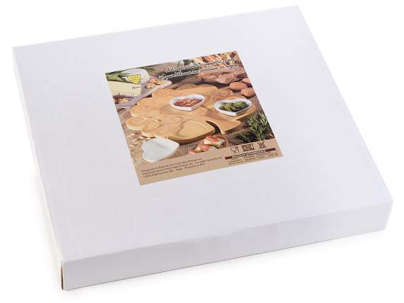 Set aperitiv 3 cesti de portelan pe tava din lemn