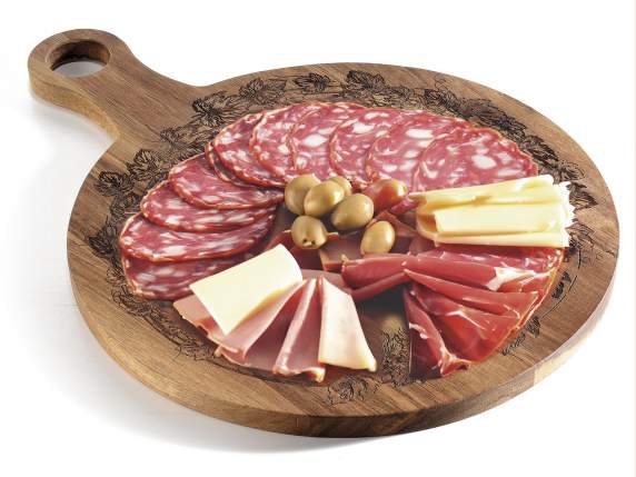 Tabla rotunda din lemn de salcam cu gravuri in frunze