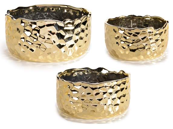 Set 3 vaze din ceramica aurie ciocanita cu efect metalic