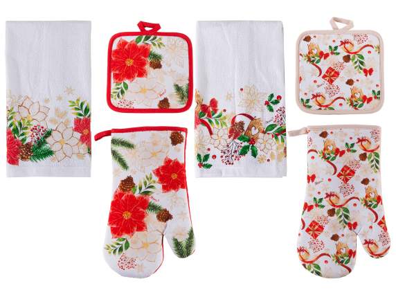 Ensemble de Noël gant, manique, torchon en coton