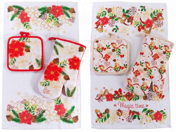 Ensemble de Noël gant, manique, torchon en coton