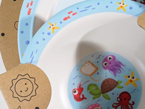 Coffret repas bébé en mélamine avec 2 assiettes, 2 couverts