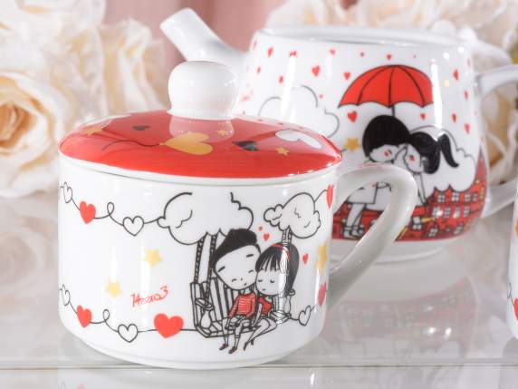 Ensemble théière et 2 tasses en porcelaine avec coeurs