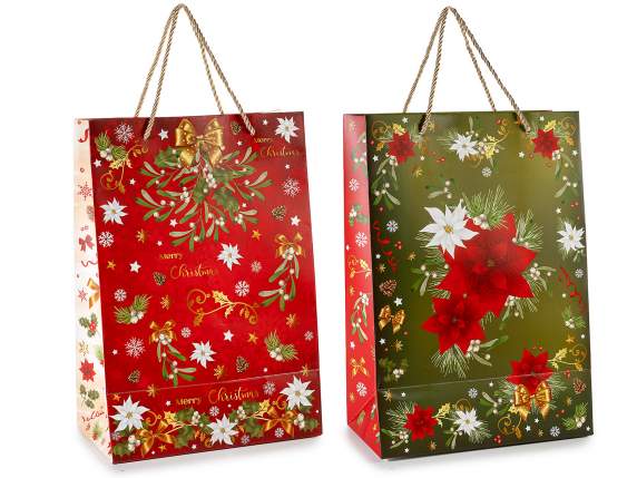 Bolsa-sobre de papel navideño con asas, ventana y etiqueta.