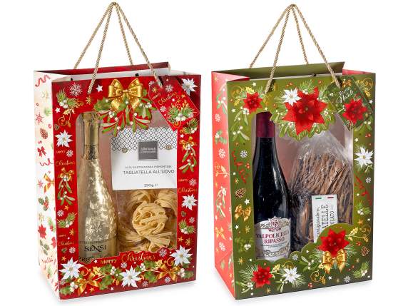 Bolsa-sobre de papel navideño con asas, ventana y etiqueta.