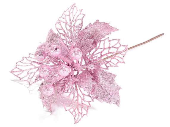 Estrella de Navidad rosa brillante con bayas
