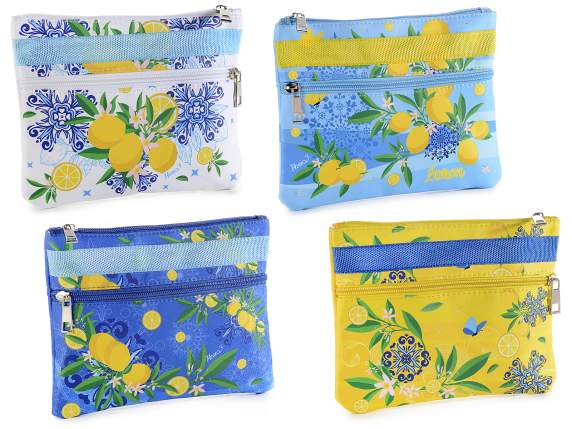 Pochette en tissu avec double poche et zip, imprimé agrumes