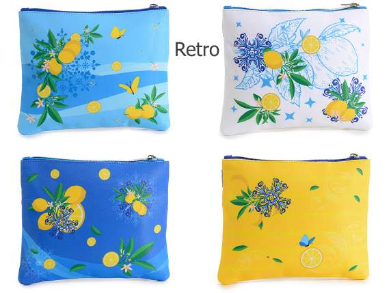 Pochette en tissu avec double poche et zip, imprimé agrumes
