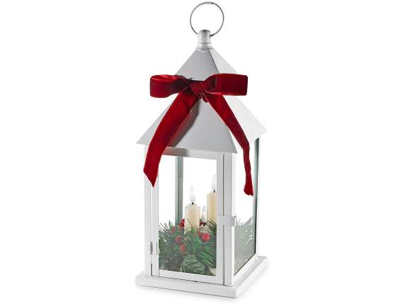Farol de metal con lazo, guirnalda y 3 velas LED