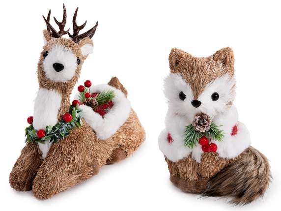Animal des bois en fibres naturelles avec décorations Noël