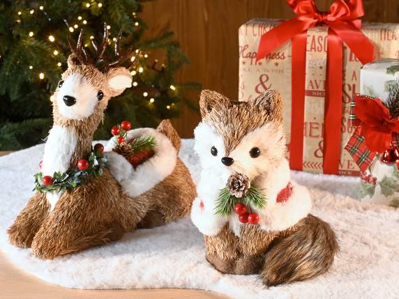 Animal des bois en fibres naturelles avec décorations Noël