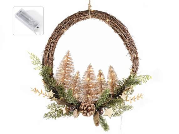 Garland firs and gold glittered pine cones, bells and LED li