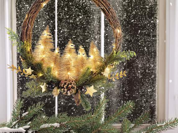 Garland firs and gold glittered pine cones, bells and LED li