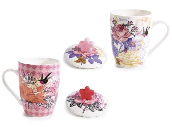Mug en porcelaine de 350 ml avec couvercle et fleur
