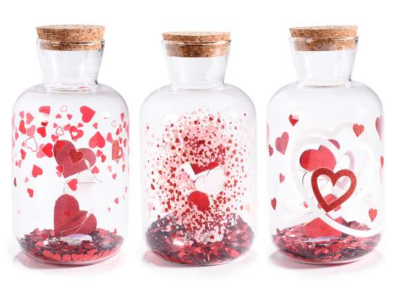 Bocal en verre décoré de paillettes en forme de cœur et LED