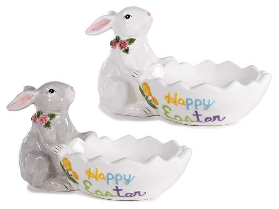 Conteneur oeuf avec lapin en céramique et décorations en rel