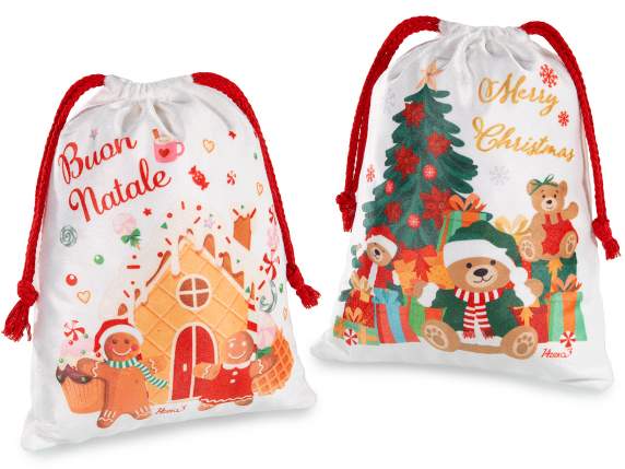 Sac en tissu avec imprimé de Noël et cordon de serrage