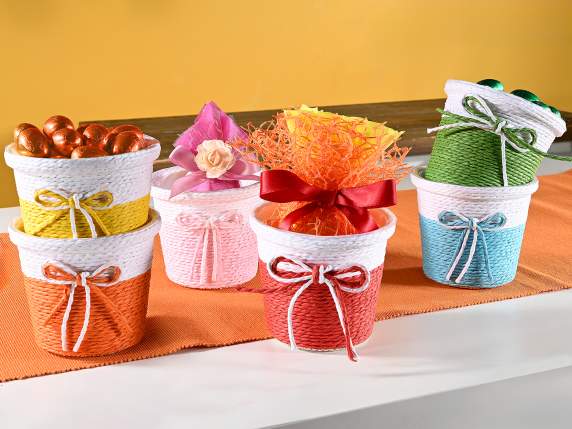 Panier - vase en papier tressé bicolore avec noeud