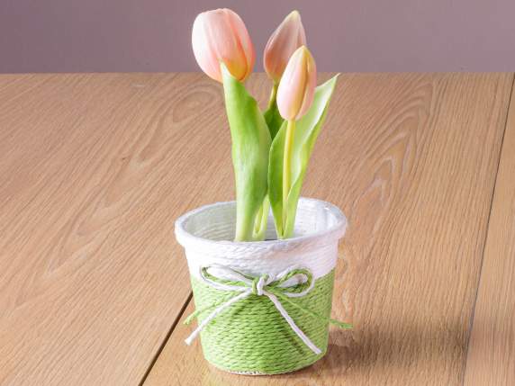 Panier - vase en papier tressé bicolore avec noeud