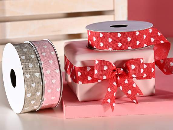 Ruban en tissu 25 mm avec imprimé coeur blanc