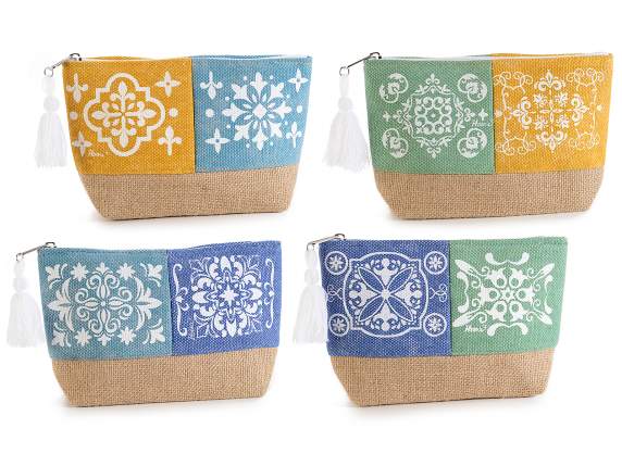 Astuccio pochette in tessuto Maiolica con base juta