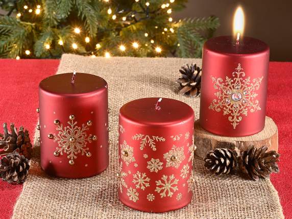 Candela con fiocchi di neve dorati e brillantini