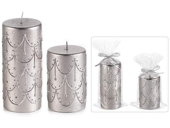 Set 2 candele argento c-decori in rilievo in conf.singola