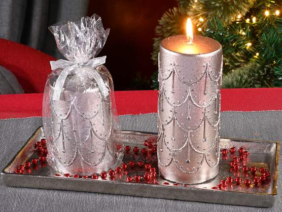 Set 2 candele argento con decori in rilievo